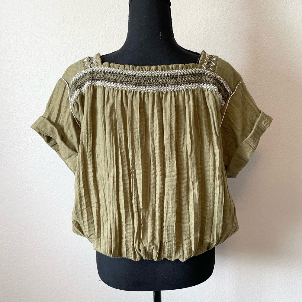 Free People Olive Green Embroidered Peasant Blouse Women’s XS NWOT - Picture 8 of 11